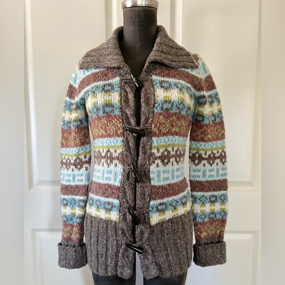 Kenzie Fair Isle Toggle Wool Blend Cardigan Small Cozy Cabin Knit